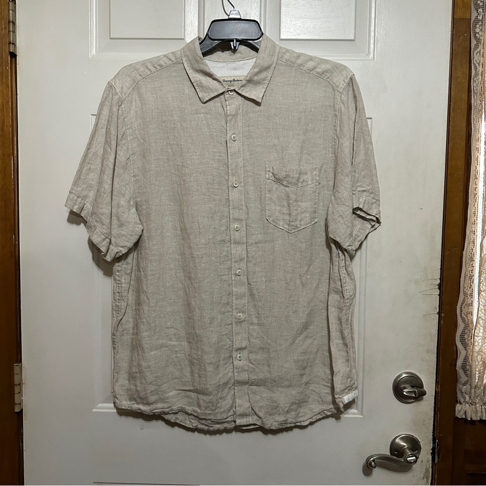Tommy Bahama Men's L Large 100% Linen Shirt Khaki Cream Textured Camp Shirt S/S